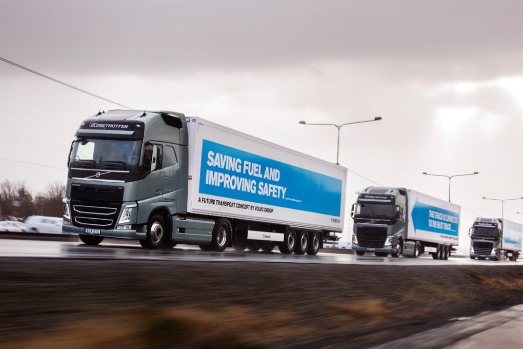 Semi-automated platooning Volvo trucks are tested in Sweden. The driver of the lead vehicle controls all trucks in the convoy. Photo: Volvo
