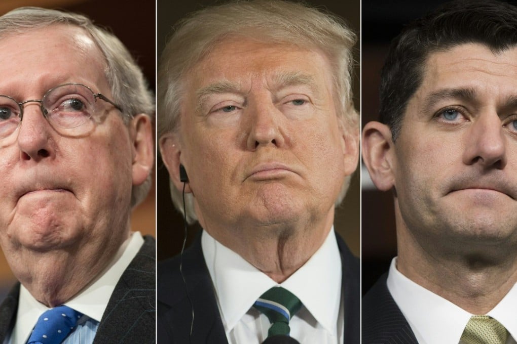US Senate Majority Leader Mitch McConnell (L), US President Donald Trump and Speaker of the House Paul Ryan (R) as Trump attacked the two over the US debt ceiling. Photo: AFP
