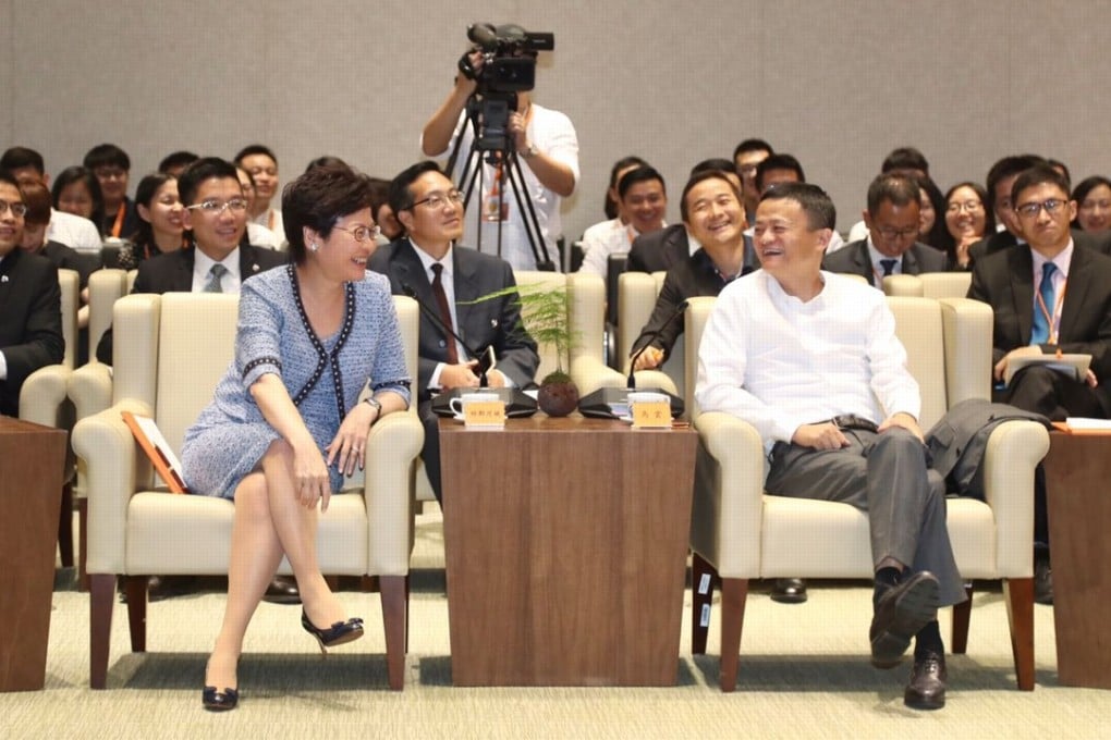Hong Kong Chief Executive Carrie Lam meets Jack Ma at Alibaba’s headquarters in Hangzhou. Photo: Handout