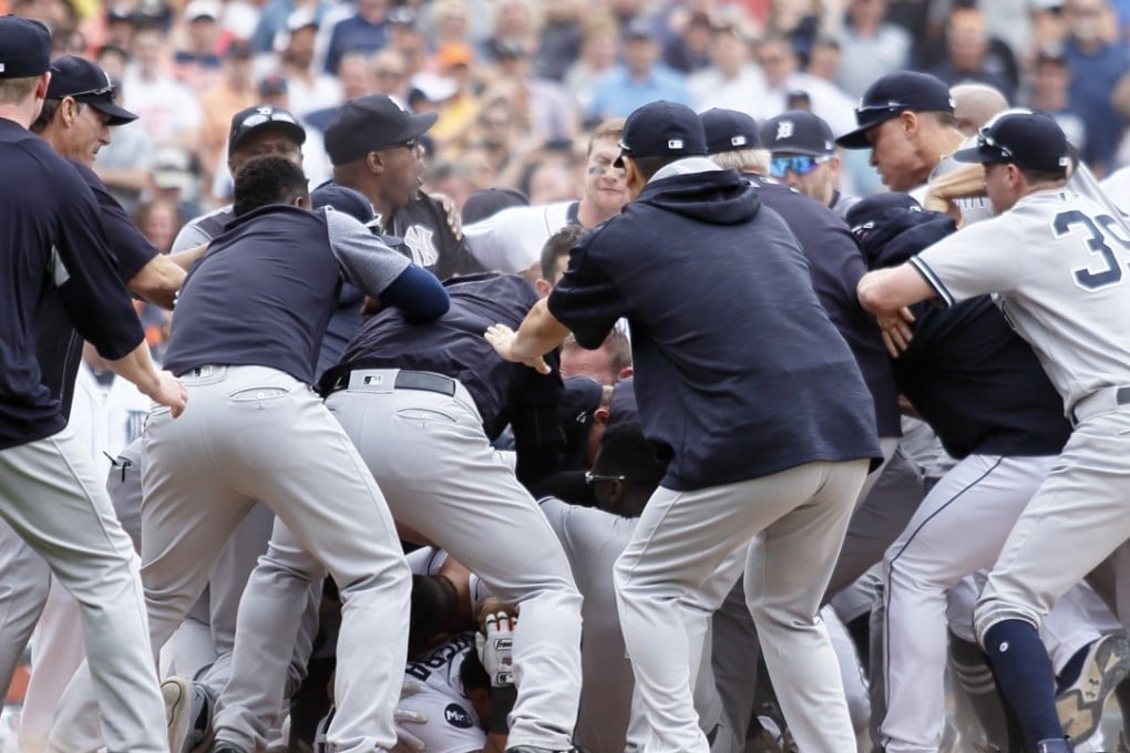 Detroit Tigers' Miguel Cabrera is in the bottom of the pile as the New York Yankees fight with the Detroit Tigers during the sixth inning of a baseball game on Thursday, August 24, 2017, in Detroit. Photo: AP