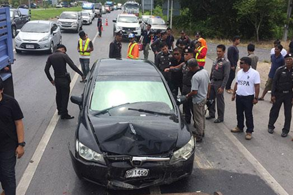 The damaged car being used to smuggle 88 pangolins after it crashed into two other vehicles waiting at traffic lightsin the Kanchanadit district of Surat Thani. Photo: Supapong Chaolan/Bangkok Post