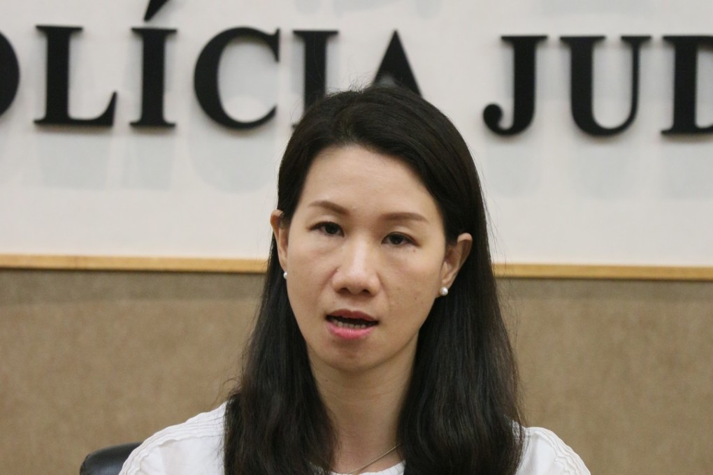 Macau Judiciary Police spokeswoman Yeung Sau-chan speaks at a press conference. Photo: Handout.