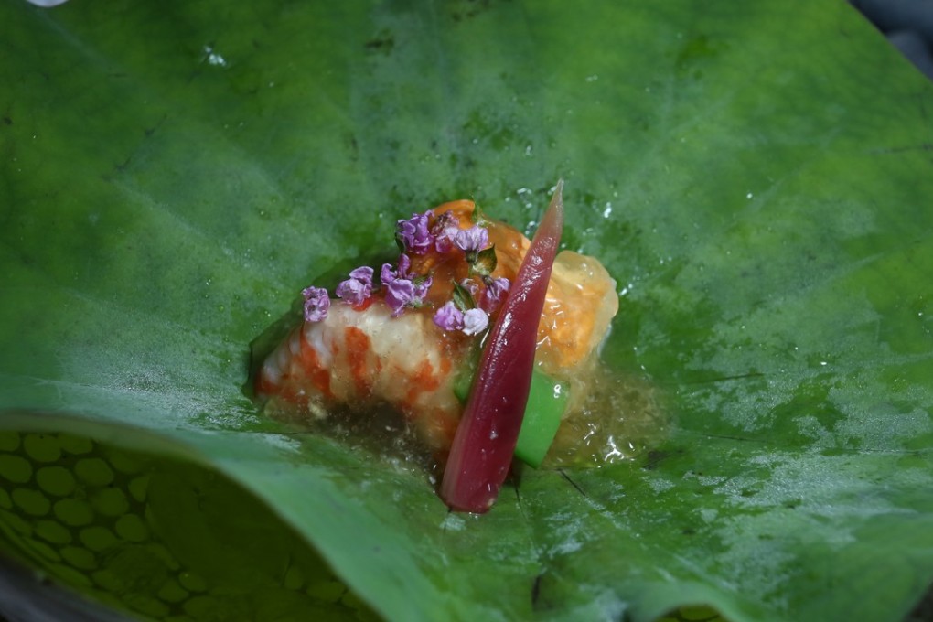 Stem of taro with sea urchin, lobster, peas and pickles. Photo: Jonathan Wong