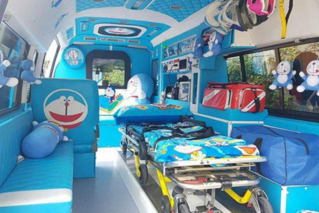 The Doraemon-themed interior of Nirand Leesuwan's ambulance in Sri Racha. Photo: @PeawYeangTai.Sriracha Facebook account