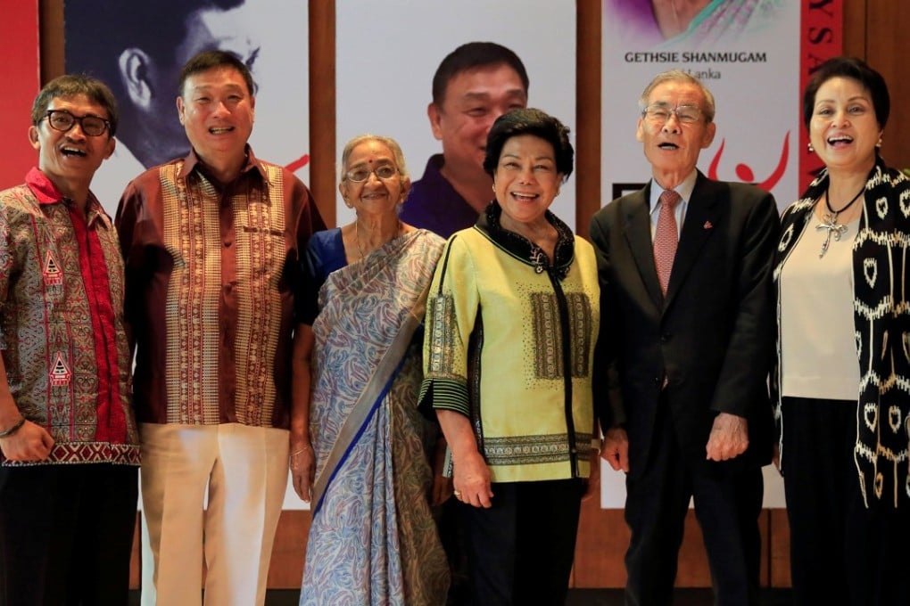 Winners of the 2017 Ramon Magsaysay Award: Abdon Nababan of Indonesia, Tony Tay of Singapore, Gethsie Shanmugam of Sri Lanka, Lilia De Lima of Philippines, Yoshiaki Ishizawa of Japan and Cecilia Garrucho, representing the winner Philippine Education Theatre Association (PETA). Photo: Reuters