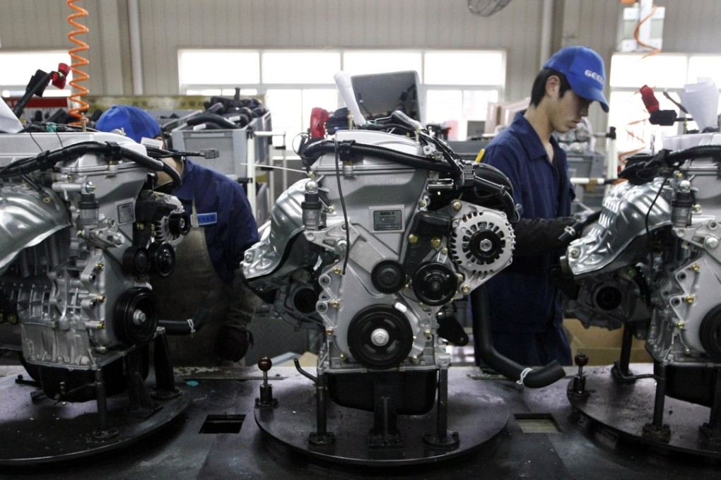 Employees weld engines on the assembly line of Zhejiang Geely Holding Group in Hangzhou, Zhejiang province March 30, 2010. Zhejiang Geely Holding Group, China's largest private-run car maker, agreed on Sunday to buy Ford Motor's Volvo car unit for $1.8 billion, the country's biggest overseas auto purchase. REUTERS/Steven Shi (CHINA - Tags: TRANSPORT BUSINESS) CHINA OUT. NO COMMERCIAL OR EDITORIAL SALES IN CHINA