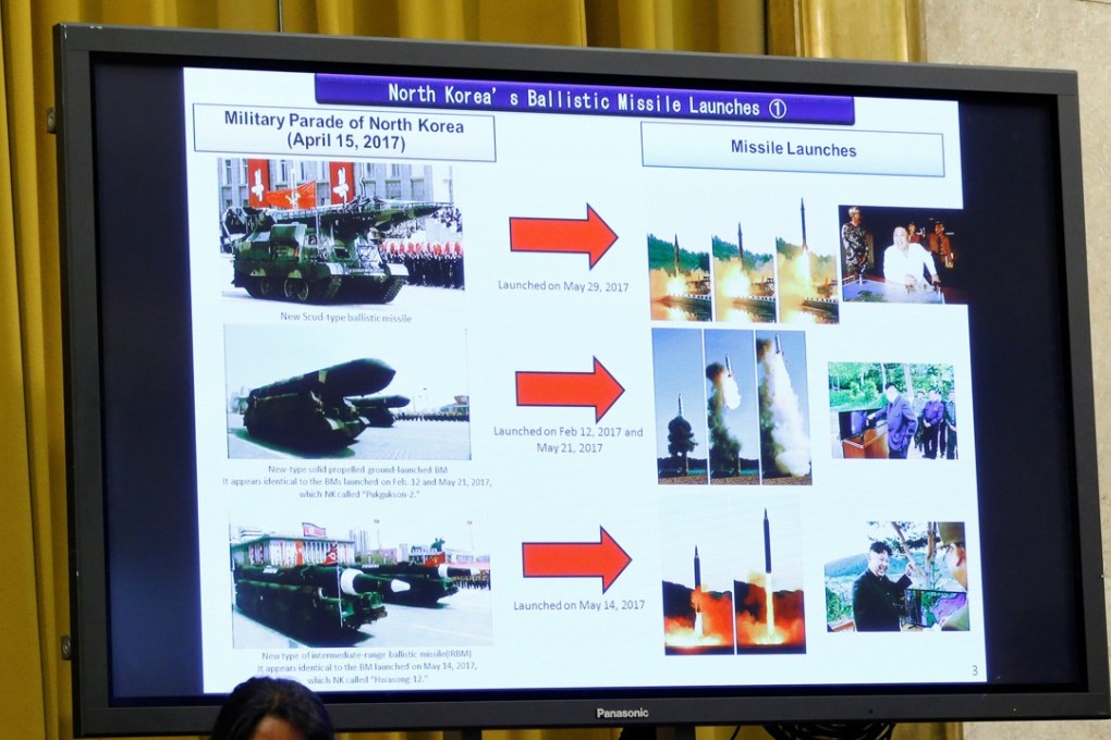 A slide showing the menace from North Korea is pictured during the presentation by the Japanese delegation at the Conference on Disarmament at the United Nations Office in Geneva. Photo: Reuters