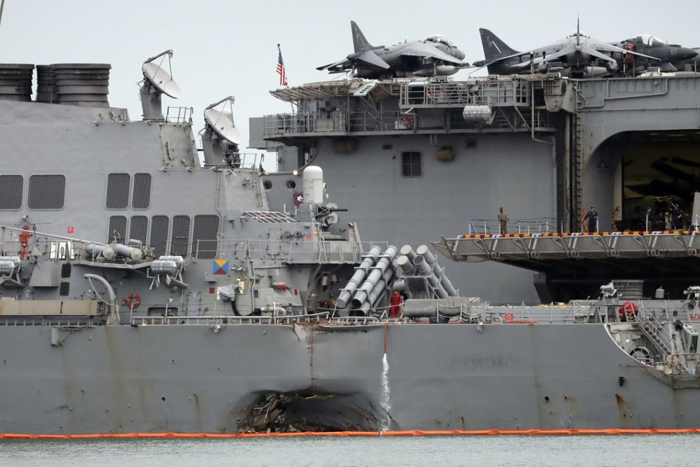 The USS John S McCain was the last US Navy vessel to conduct a freedom of navigation patrol in the South China Sea. It collided with a cargo ship off Singapore days after the patrol, killing 10 sailors. Photo: AP