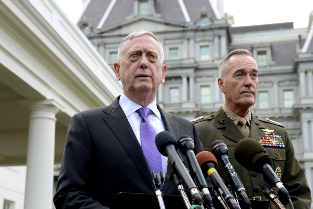 US Secretary of Defence James Mattis (left) makes a statement outside the West Wing of the White House in response to North Korea's latest nuclear testing, as Chairman of the Joint Chiefs of Staff General Joseph Dunford listens on Sunday. Photo: Reuters