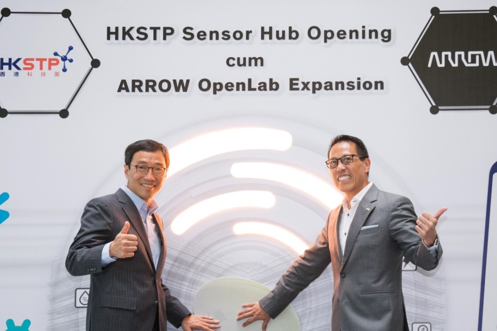 Albert Wong Hak-keung (left), chief executive of Hong Kong Science and Technology Parks Corp, and Simon Yu, the president of Arrow Electronics’ components business in Asia-Pacific, at the opening of the expanded Arrow OpenLab and sensor hub facility in phase 2 of the HK Science Park. Photo: Handout