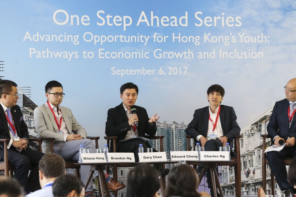From left to right: principal liaison officer for Hong Kong, Shenzhen Qianhai Authority, Witman Hung; co-founder and chief executive officer at Ampd Energy, Brandon Ng; director, Entrepreneurship Centre, Hong Kong University of Science and Technology, Gary Chan; founder and chairman at EGI Technologies, Edward Cheng; and associate director-general of investment promotion at InvestHK, Charles Ng, speak at the forum on innovation and entrepreneurship. Photo: Dickson Lee