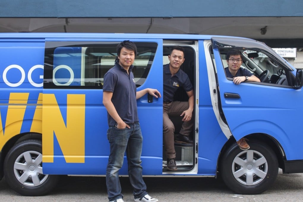 GoGoVan’s co-founders (from left) Reeve Kwan Chun-man, Nick Tang Kuen-wai and Steven Lam Hoi-yuen in Kwun Tong. GoGoVan is a logistics company that matches customers with drivers. Photo: SCMP
