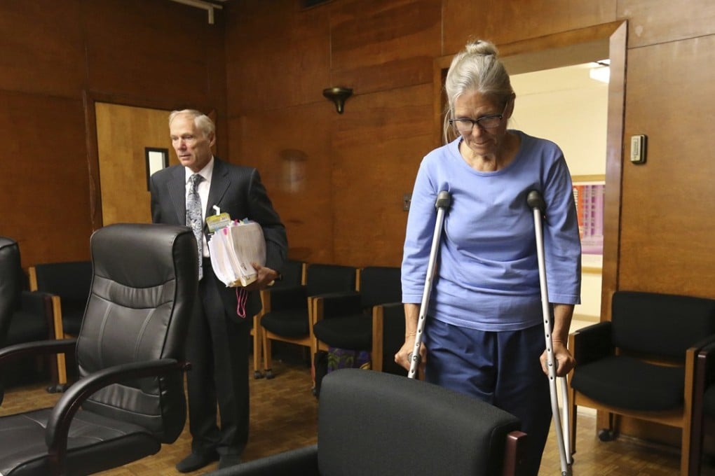 Leslie Van Houten enters a parole board hearing with her attorney Rich Pfeiffer at the California Institution for Women in Corona, California on Wednesday. Photo: AP