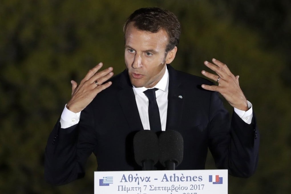French President Emmanuel Macron delivers a speech in Athens, on Thursday, September 7, 2017. Macron called on members of the European Union to reboot the 60-year-old bloc. Photo: AP