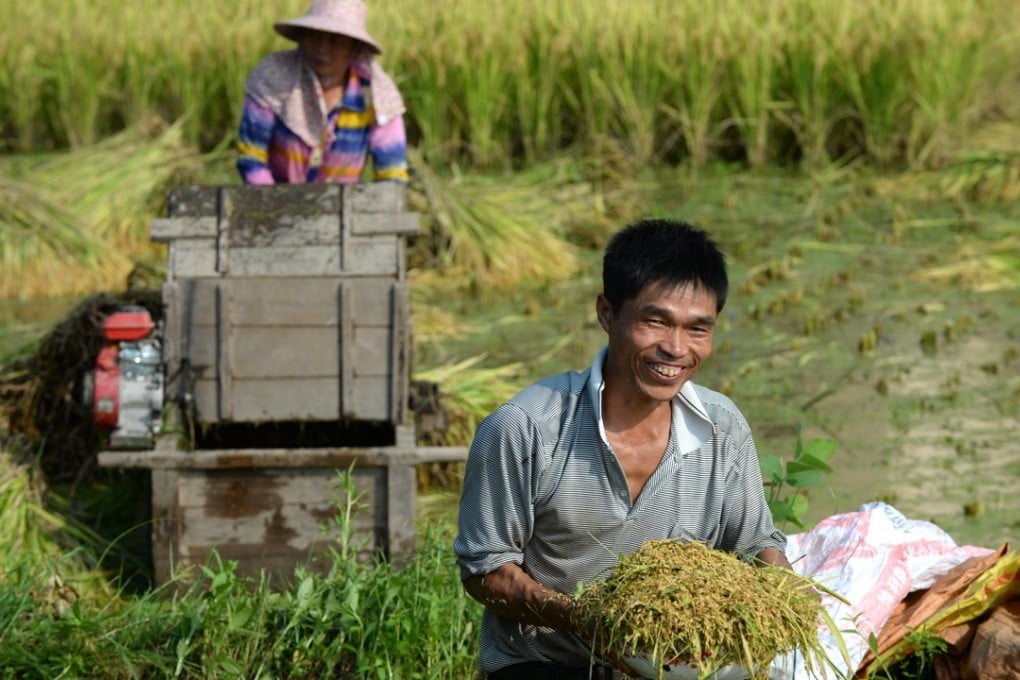 Villagers harvest rice in a paddy field in Gufang village, Huichang County, in Jiangxi province in July. Since last year, the local government has updated infrastructure while the introduction of fish ponds, greenhouses and orchards has boosted the local economy. Photo: Xinhua