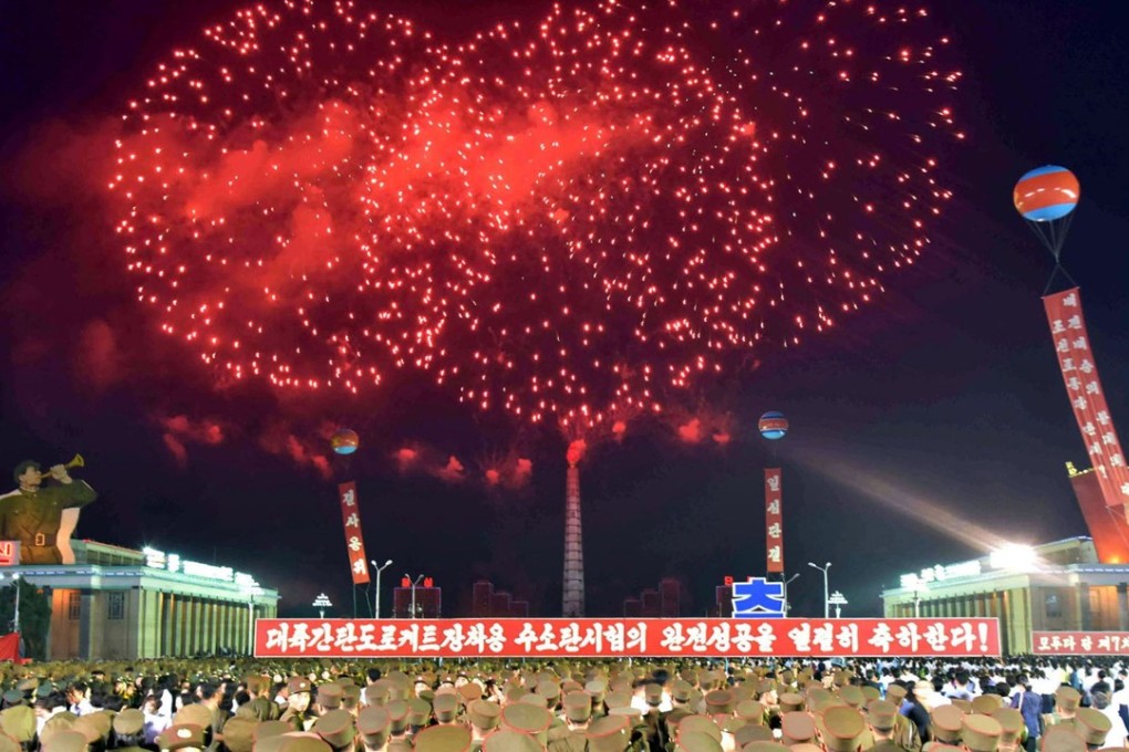Pyongyang residents and military personnel celebrate Sunday’s nuclear test with a rally in Kim Il-sung Square in Pyongyang. Photo: AFP