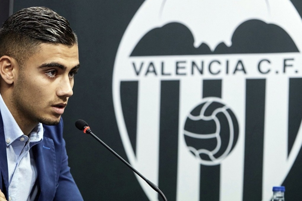 Andreas Pereira speaks as he is unveiled by Valencia. Photo: EPA