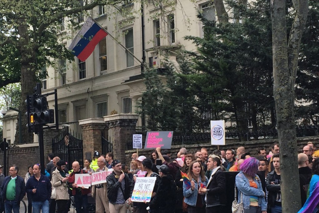 People protest outside the Russian Embassy in London in April, following reports of the torture and murder of gay men in Chechnya. File photo: AP