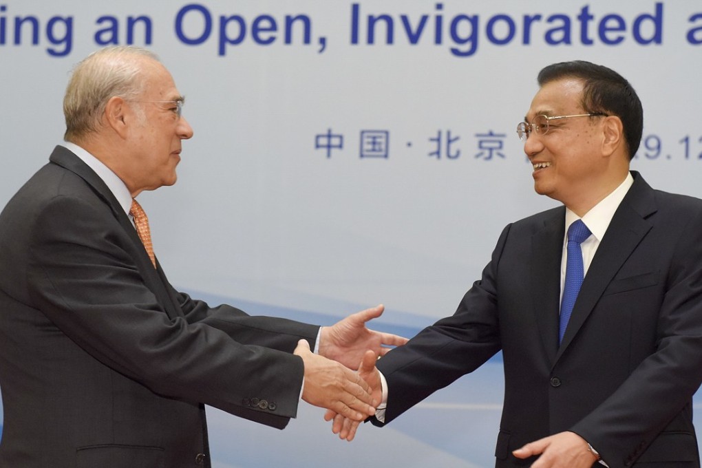 Chinese Premier Li Keqiang (right) shakes hands with Angel Gurria, secretary general of the Organisation for Economic Cooperation and Development before a meeting in Beijing on Tuesday. Li said China was confident of maintaining its strong economic growth. Photo: AP