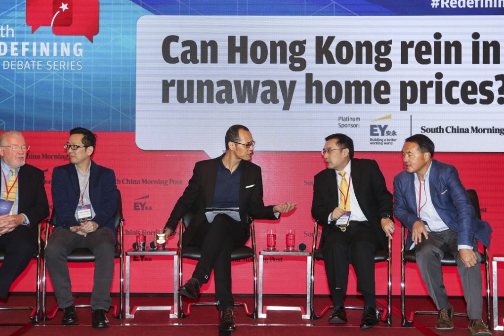 (From left) Colin Arnott, head of research, Water Economics; Dr Yanto Chandra, assistant professor, department of public policy, City University; Yonden Lhatoo, chief news editor, SCMP; Buggle Lau, chief analyst, Midland Holdings; and Lee Wing-tat, Land Watch think tank member. Photo: David Wong