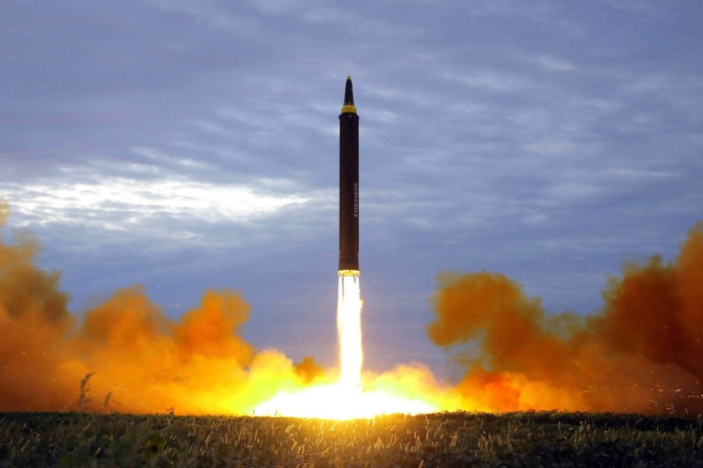 This file photo distributed by the North Korean government shows what was said to be the test launch of a Hwasong-12 intermediate range missile in August. Photo: AP