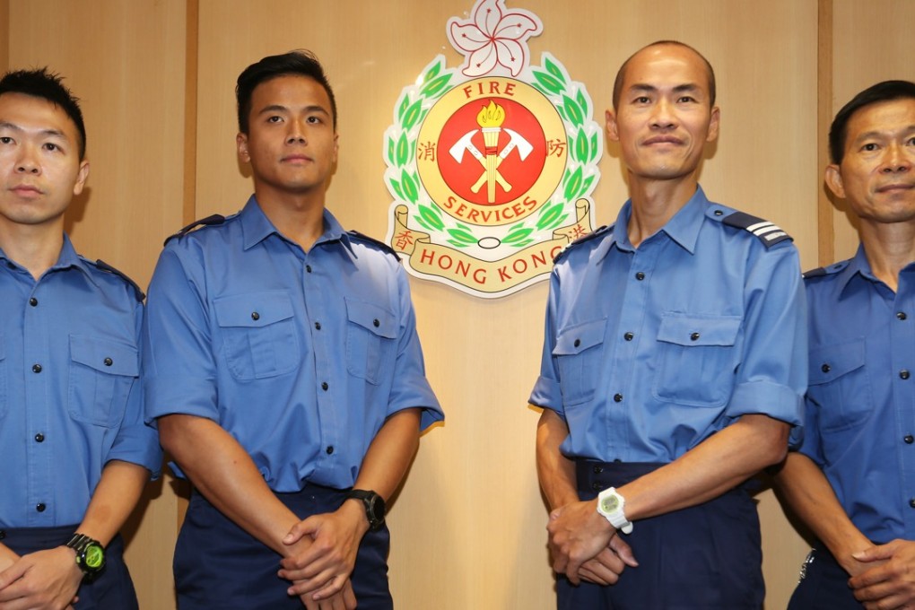 (From left) Firefighters Lee Pak-keung, So Ka-cheung, So Chi-wing, and Wong Sui-ki at Wong Tai Sin fire station on Wednesday. Photo: Xiaomei Chen
