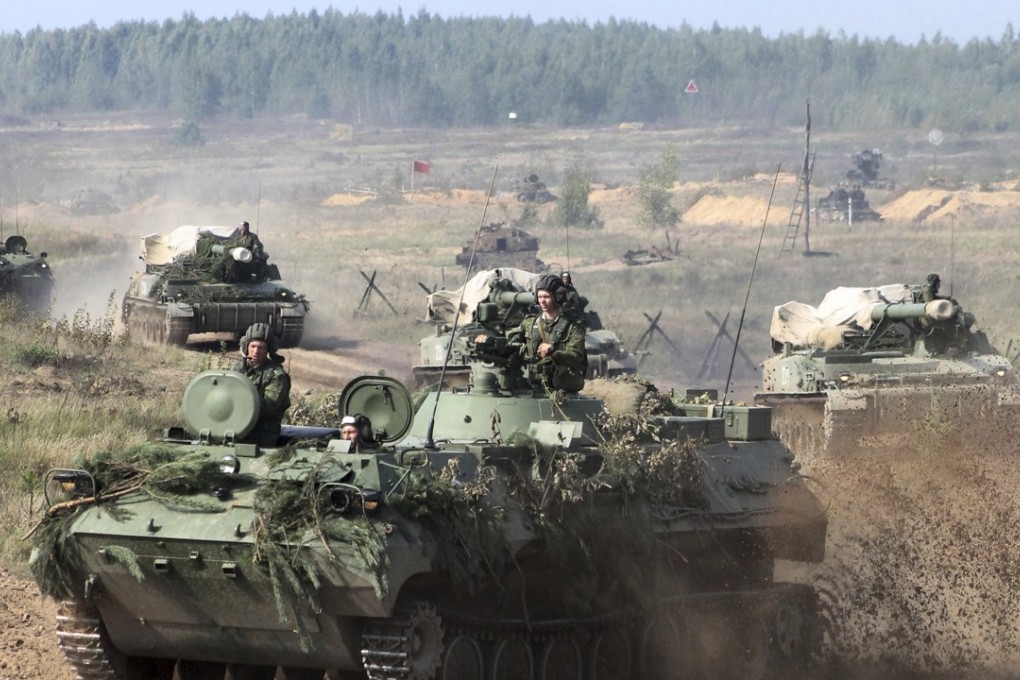 Belarusian army vehicles prepare for the war games. Photo: AP