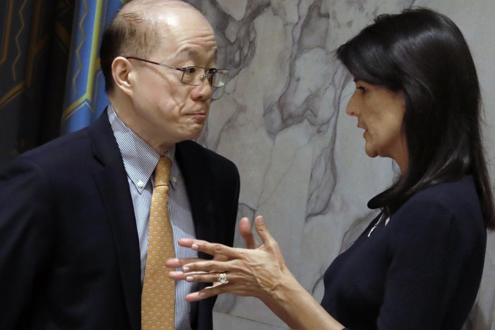 US Ambassador to the UN Nikki Haley speaks to UN Chinese Ambassador Liu Jieyi before a Security Council meeting on the situation in North Korea, at the UN headquarters in New York on September 4. Photo: EPA-EFE