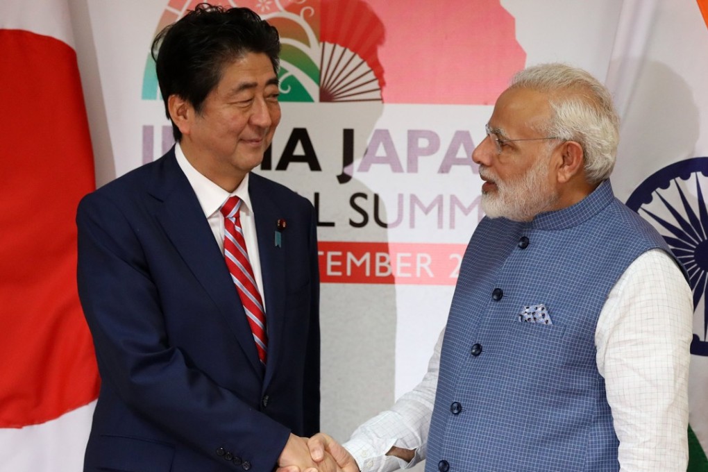 Japanese Prime Minister Shinzo Abe and Indian Prime Minister Narendra Modi. Photo: EPA