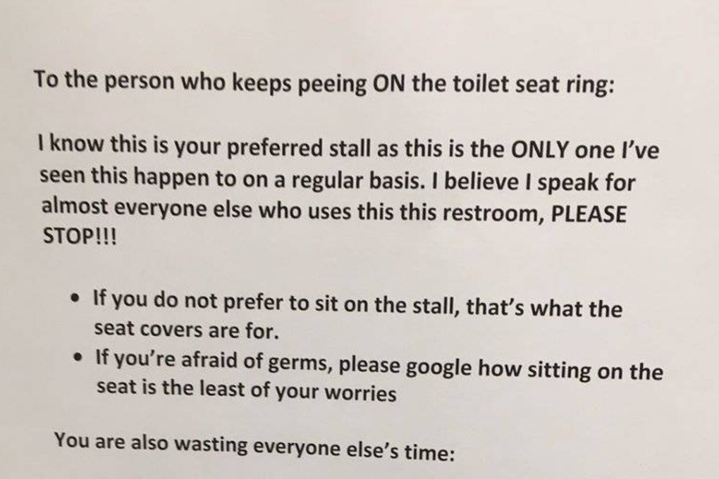 The hilarious printout dissected all the possible reasons for accidentally sprinkling pee on the toilet seat, including the advice. Photo: Amanda Terkel Twitter