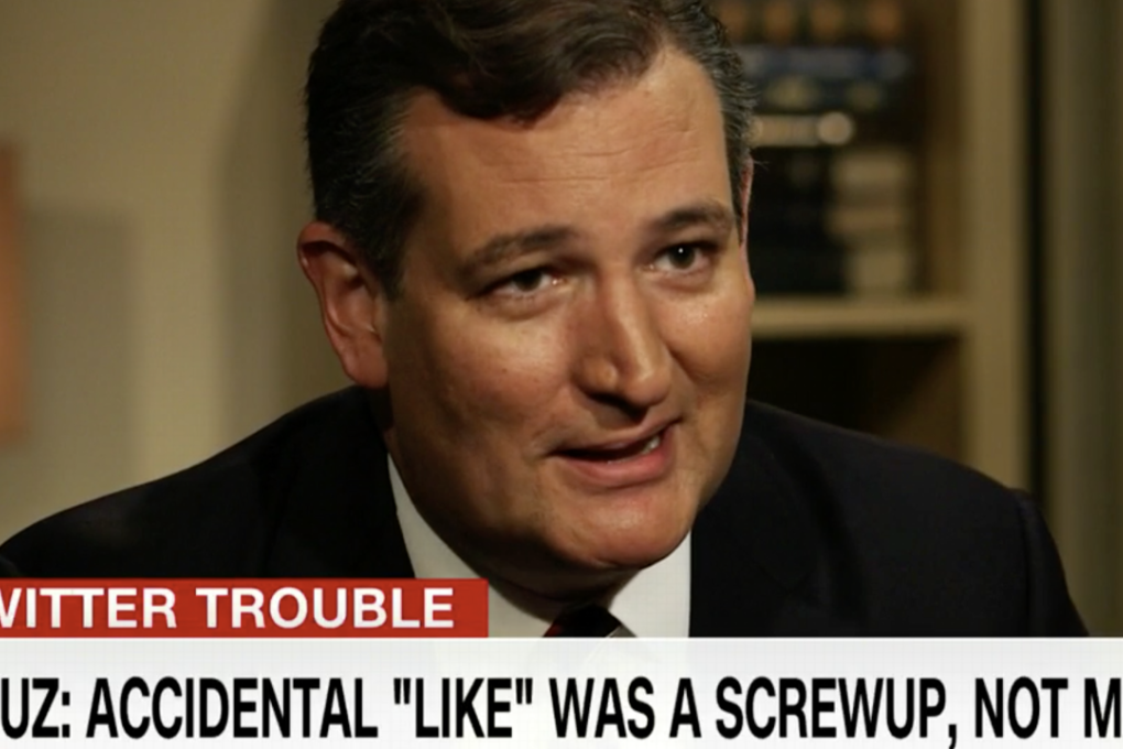 Sen. Ted Cruz explains on CNN why his Twitter account liked a pornographic tweet. Photo: CNN