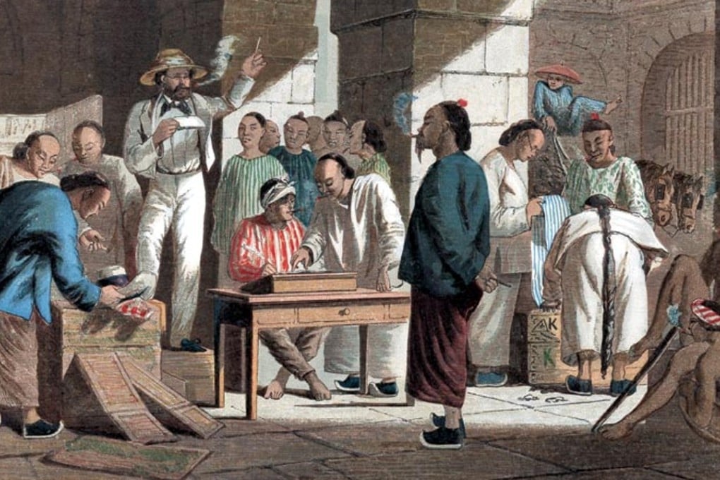 European merchants in Canton, in 1858. Gweilo, meaning “ghost man”, refers to the pale skin of Europeans.