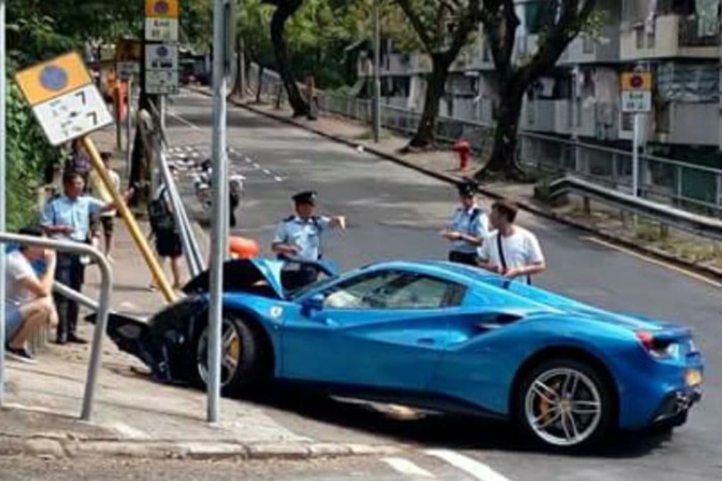 The blue Ferrari 488 hit three signs in Aberdeen on Thursday afternoon. Photo: Facebook