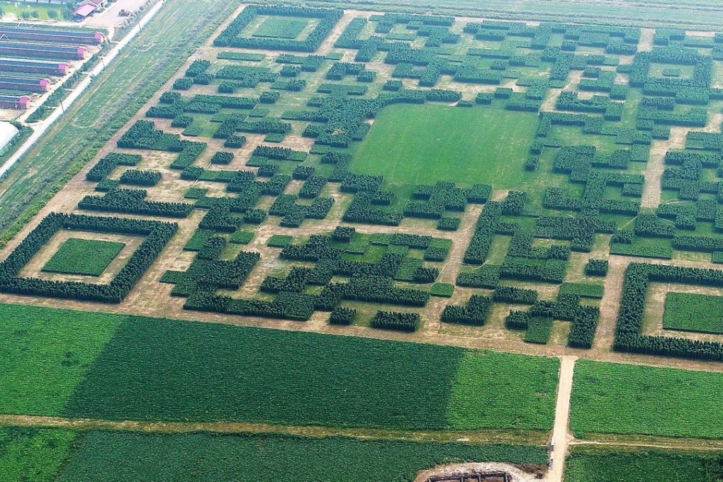 An aerial shot of the giant bar code built as part of a tourism campaign by Xilinshui village in Hebei. Photo: Xinhua