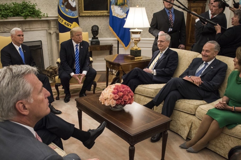 President Trump meets with House Majority Leader Kevin McCarthy, Vice-President Mike Pence, Senate Majority Leader Mitch McConnell, Senate Minority Leader Charles Schumer and House Minority Leader Nancy Pelosi Photo: Washington Post/Bill O'Leary