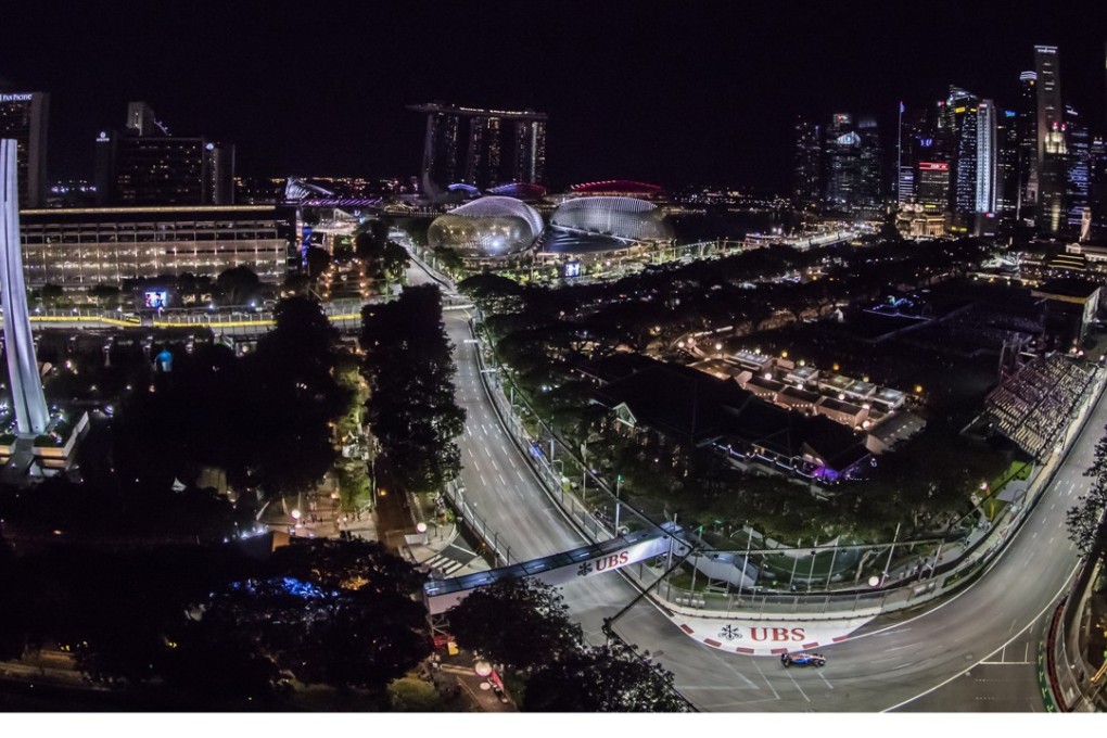 An aerial view of Padang and turn nine at the Singapore Grand Prix Marina Bay circuit. Photo: Glenn Dunbar/LAT Photographic