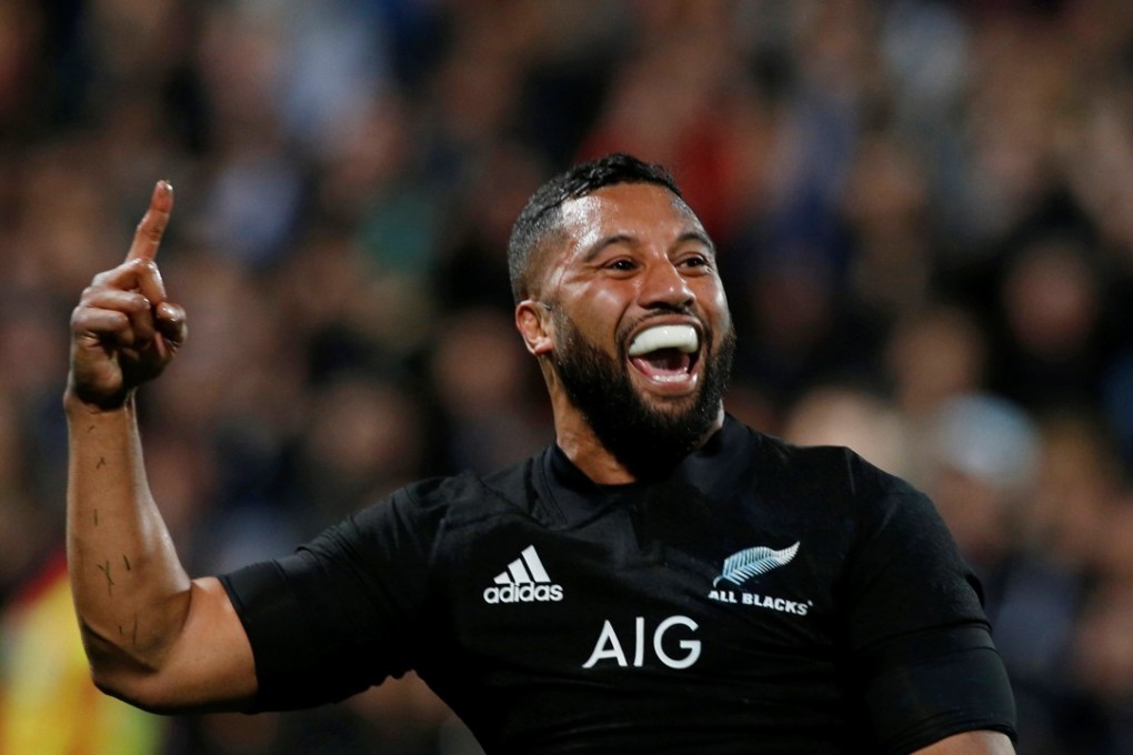 New Zealand’s Lima Sopoaga celebrates a try in his side’s 57-0 romp. Photo: Reuters