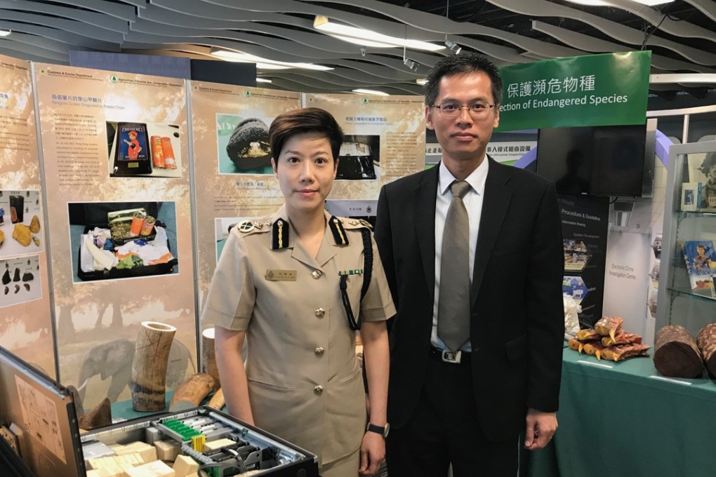 Louise Ho Pui-shan (left), assistant commissioner of the Customs and Excise Department and Simon Chan Kin-fung, the Agriculture, Fisheries and Conservation Department’s assistant director. Photo: Christy Leung