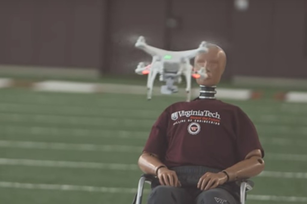 The Virginia Tech study looked at three models made by China-based SZ DJI Technology Co. The smallest was the Phantom 3, which was flown straight into a crash-test dummy’s head and also dropped on the dummy to simulate falling from the sky. Photo: YouTube