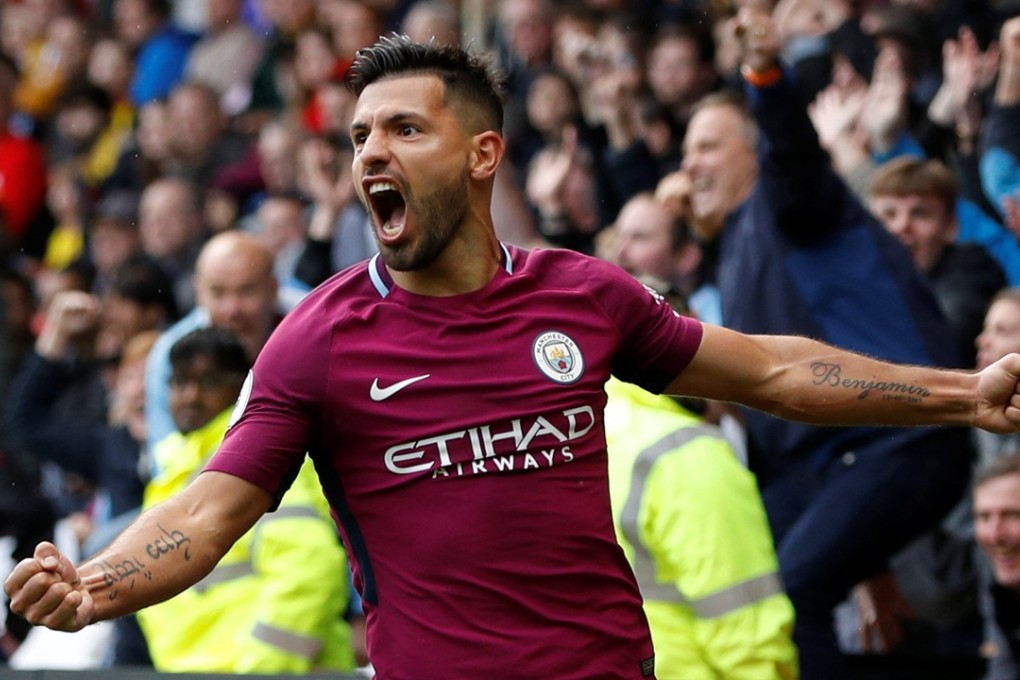 Manchester City's Sergio Aguero celebrates the third goal of his hat-trick against Watford. Photo: Reuters