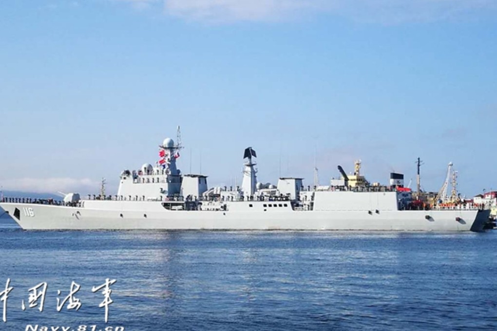 A Chinese naval flotilla arrives at Russia’s Pacific Fleet base in Vladivostok on Monday. The two countries have begun naval drills close to the Russia-North Korea border. Photo: Handout