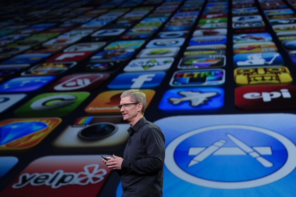 Apple’s CEO Tim Cook and the app store. Apple takes a 30 per cent share of any transactions through in-app purchases, but has dropped the rule for digital tips after pressure in China. Photo: Xinhua