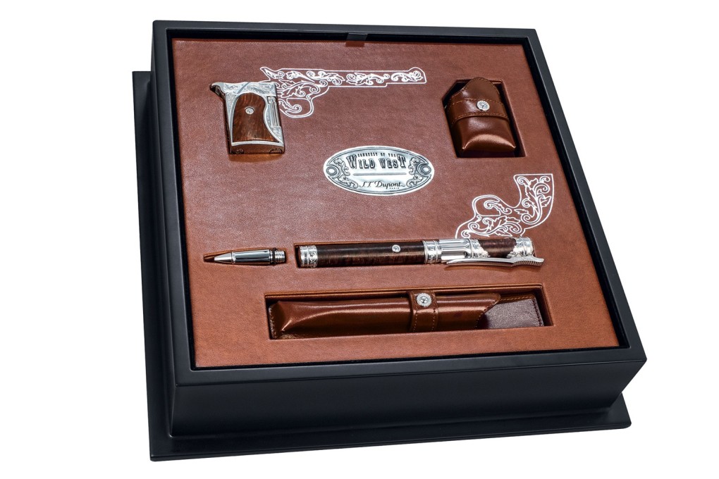 Inspired by the American wild west, the limited-edition set from ST Dupont also includes leather cases for the pen and lighter and a rollerball front piece