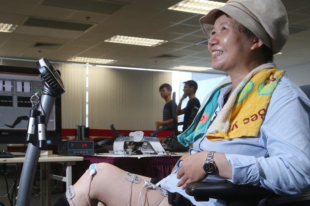 Ms Tam said the CUHK-developed exercise bike helped her build up her muscles after a stroke. Photo: K.Y. Cheng