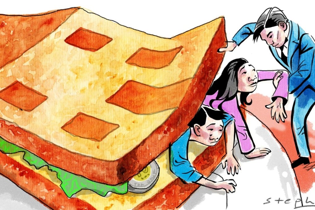 Sadly, Hong Kong’s “sandwich” class has suffered the effects of economic downturns over the years, without enjoying much in the way of social welfare or benefits. Illustration: Craig Stephens