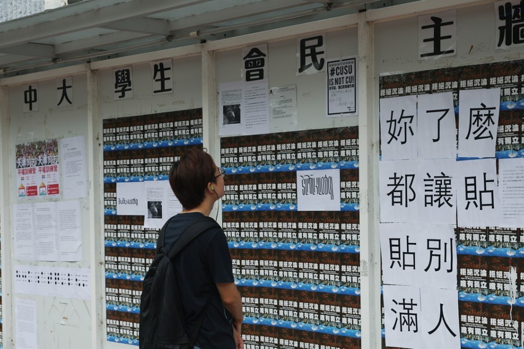 Pro- and anti-independence leaflets posted on the “democracy wall” at Chinese University in Sha Tin, on September 7. Photo: Sam Tsang