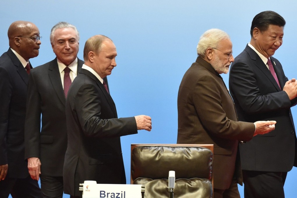 South Africa's President Jacob Zuma, Brazilian President Michel Temer, Russian President Vladimir Putin, Indian Prime Minister Narendra Modi and Chinese President Xi Jinping at the BRICS meeting in Xiamen. Photo: EPA