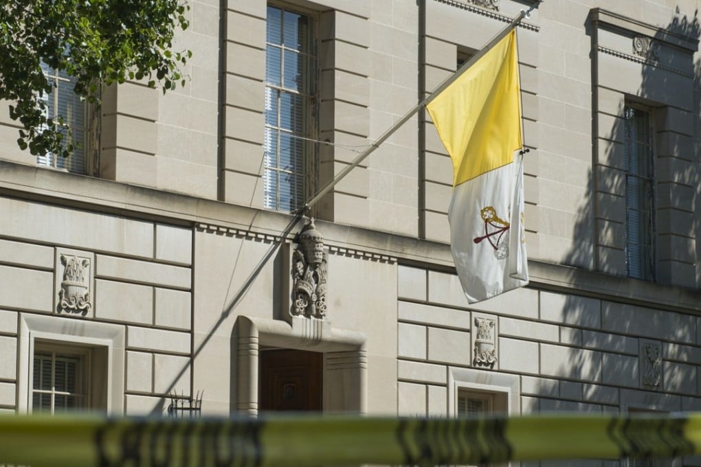 Caution tape is seen near the front of the Vatican Embassy, Apostolic Nunciature of the Holy See, in Washington, DC ,on September 15. The Vatican has recalled one of its diplomats from Washington and opened an investigation into allegations that he viewed images of child pornography, the Holy See's press service said Friday. Photo: AFP