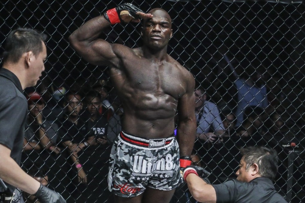 Alain ‘The Panther’ Ngalani’s opponent Hideki ‘Shrek’ Sekine lays prone after his devastating knockout. Photo: One Championship