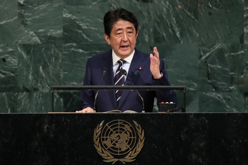 Shinzo Abe, prime minister of Japan, addresses the United Nations General Assembly at UN headquarters on September 20, 2017 in New York City. Abe said the time for talks with North Korea is over. Photo: AFP